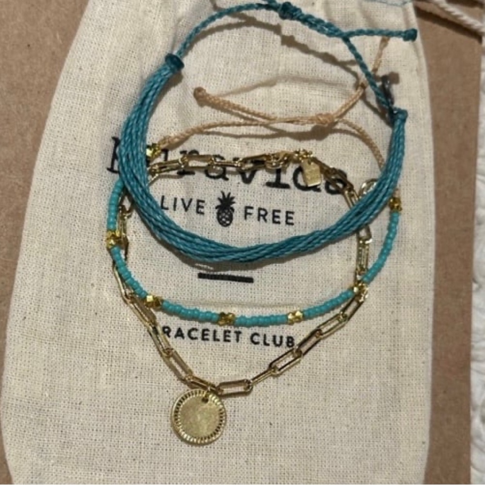PURA VIDA Custom Turquoise 3 piece Gold Chain & Seed Bead Bracelet Set NEW! Rare - Picture 2 of 7